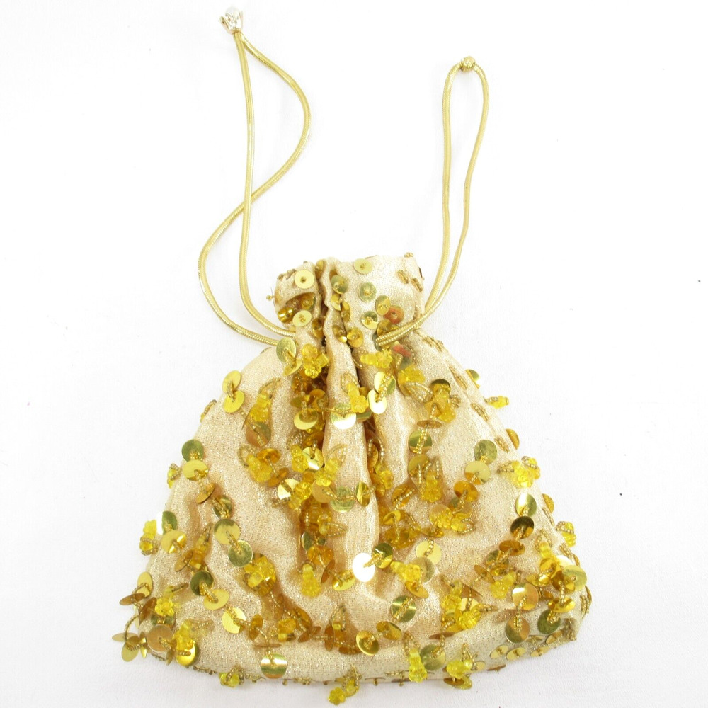 Vintage Sequin Handbag Women Gold Satin Lined Drawstring Pouch Purse Bag
